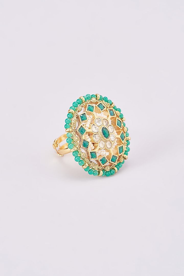 Gold Plated Kundan & Green Stone Ring by Auraa Trends at Pernia's Pop Up Shop
