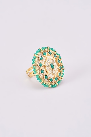 Gold Plated Kundan & Green Stone Ring by Aura Trends