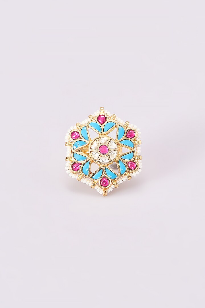 Gold Plated Kundan & Blue Stone Ring by Aura Trends at Pernia's Pop Up Shop