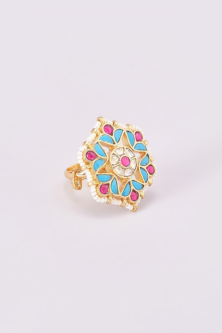 Gold Plated Kundan & Blue Stone Ring by Aura Trends at Pernia's Pop Up Shop