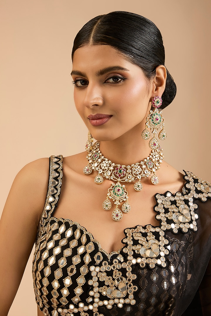 Two Tone Finish Kundan Polki & Beaded Necklace Set by Aura Trends at Pernia's Pop Up Shop