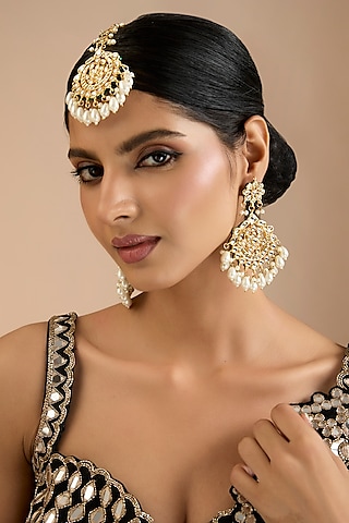 Gold Finish Kundan Polki Chandbali Earrings With Maang Tikka by Aura Trends