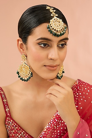 Gold Finish Kundan Polki Chandbali Earrings With Maang Tikka by Aura Trends