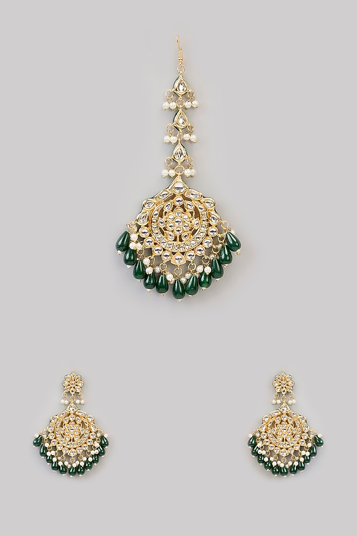 Gold Finish Kundan Polki Chandbali Earrings With Maang Tikka by Aura Trends at Pernia's Pop Up Shop