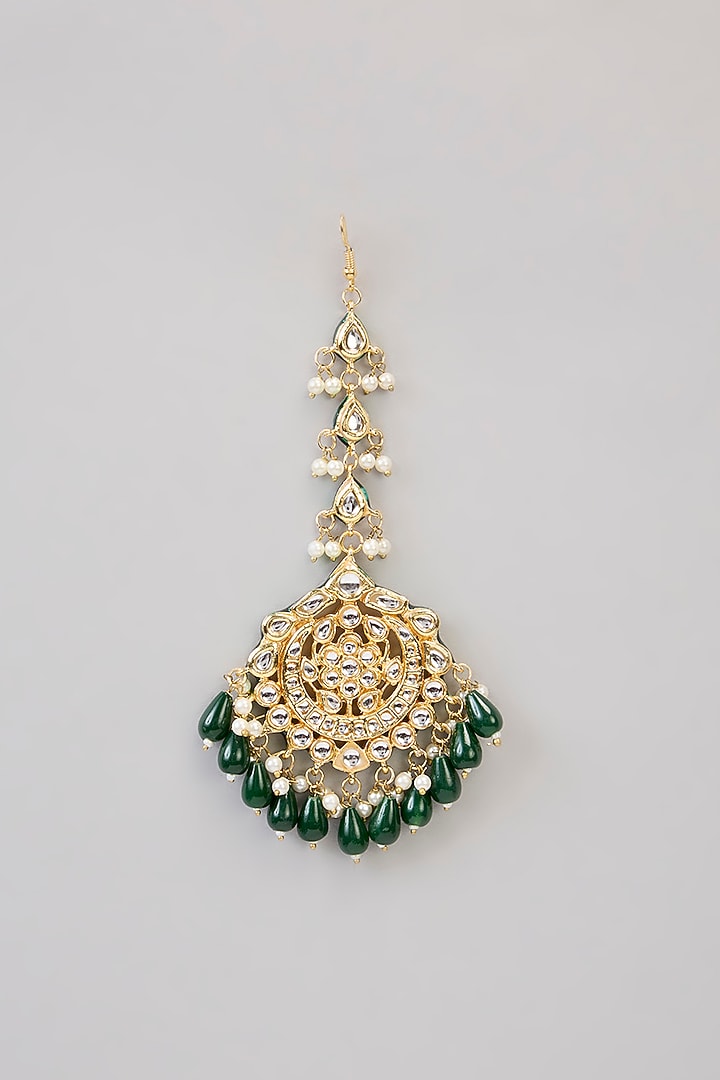 Gold Finish Kundan Polki Chandbali Earrings With Maang Tikka by Aura Trends at Pernia's Pop Up Shop