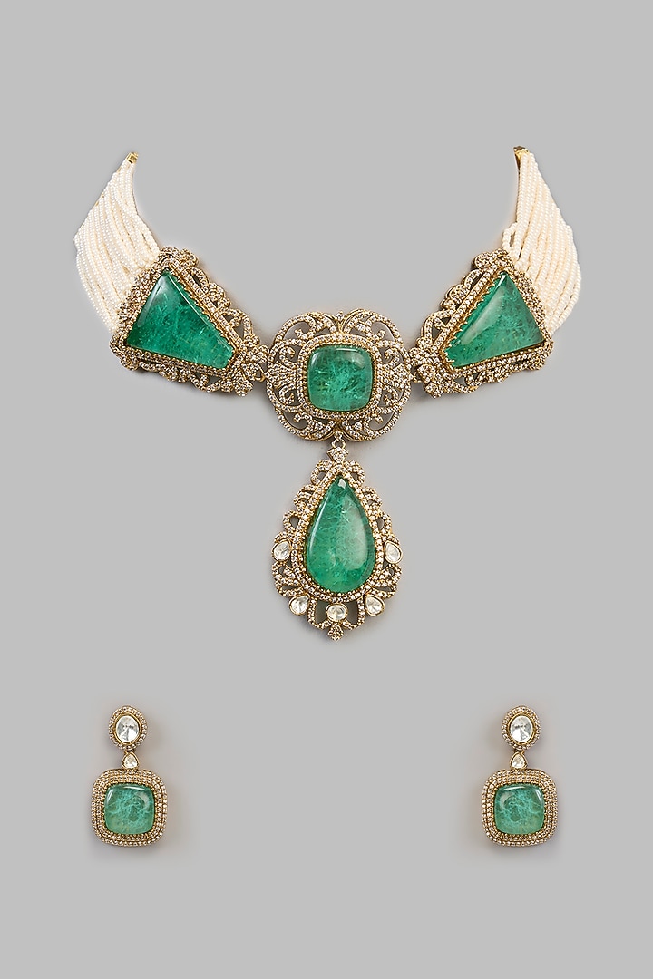 Two Tone Finish Kundan Polki & Beaded Necklace Set by Aura Trends at Pernia's Pop Up Shop