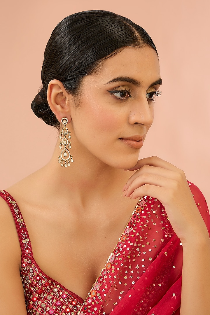 Gold Finish Kundan Polki Chandbali Earrings by Auraa Trends