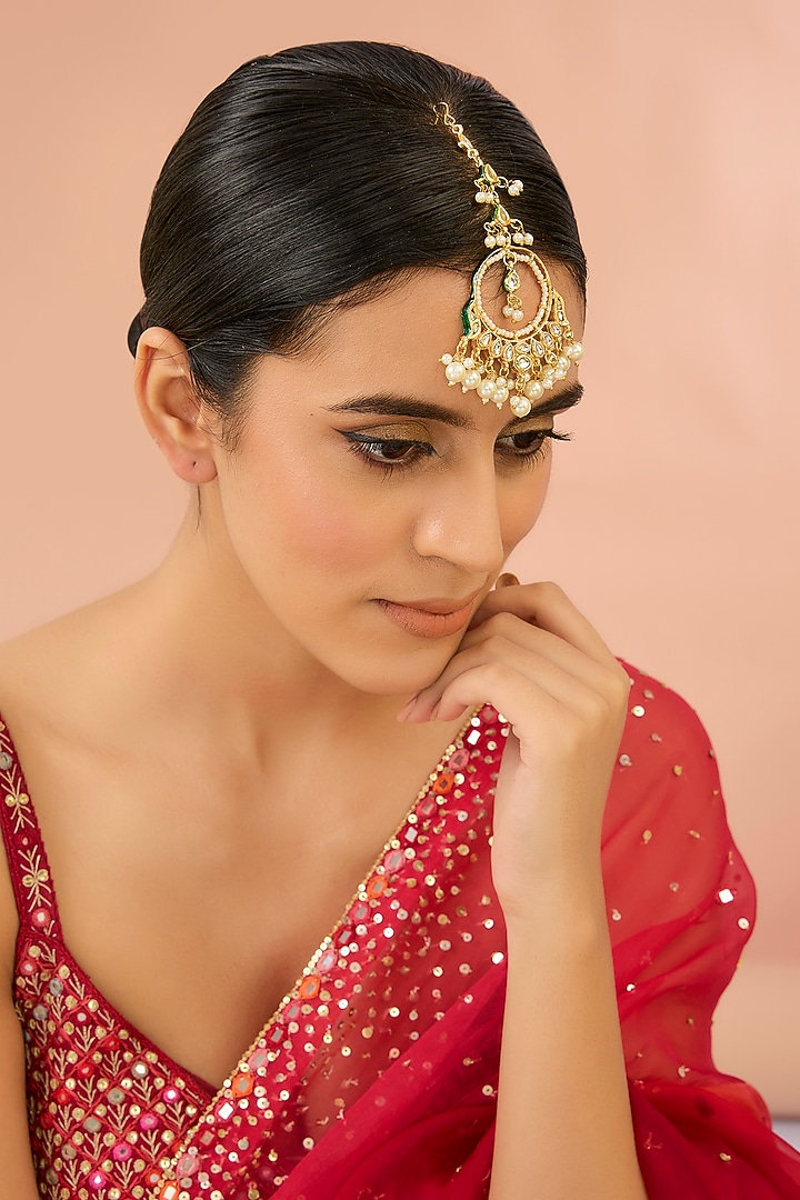 Gold Plated Kundan Polki & Pearl Drop Maangtikka by Auraa Trends at Pernia's Pop Up Shop