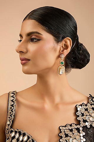 Gold Finish Kundan Polki Dangler Earrings by Aura Trends