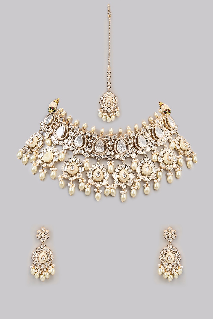 Two Tone Finish Kundan Polki & Beaded Necklace Set by Aura Trends at Pernia's Pop Up Shop