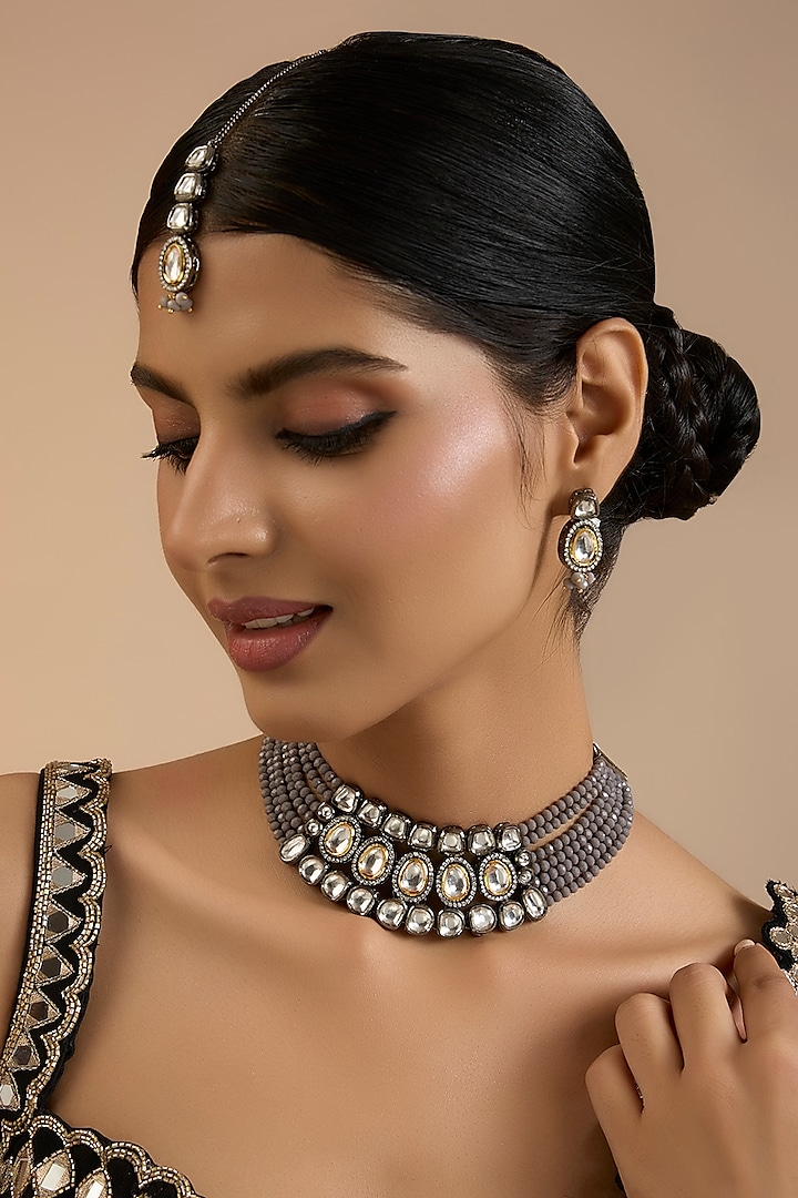 Gold Finish Kundan Polki & Grey Beaded Handcrafted Necklace Set by Aura Trends at Pernia's Pop Up Shop