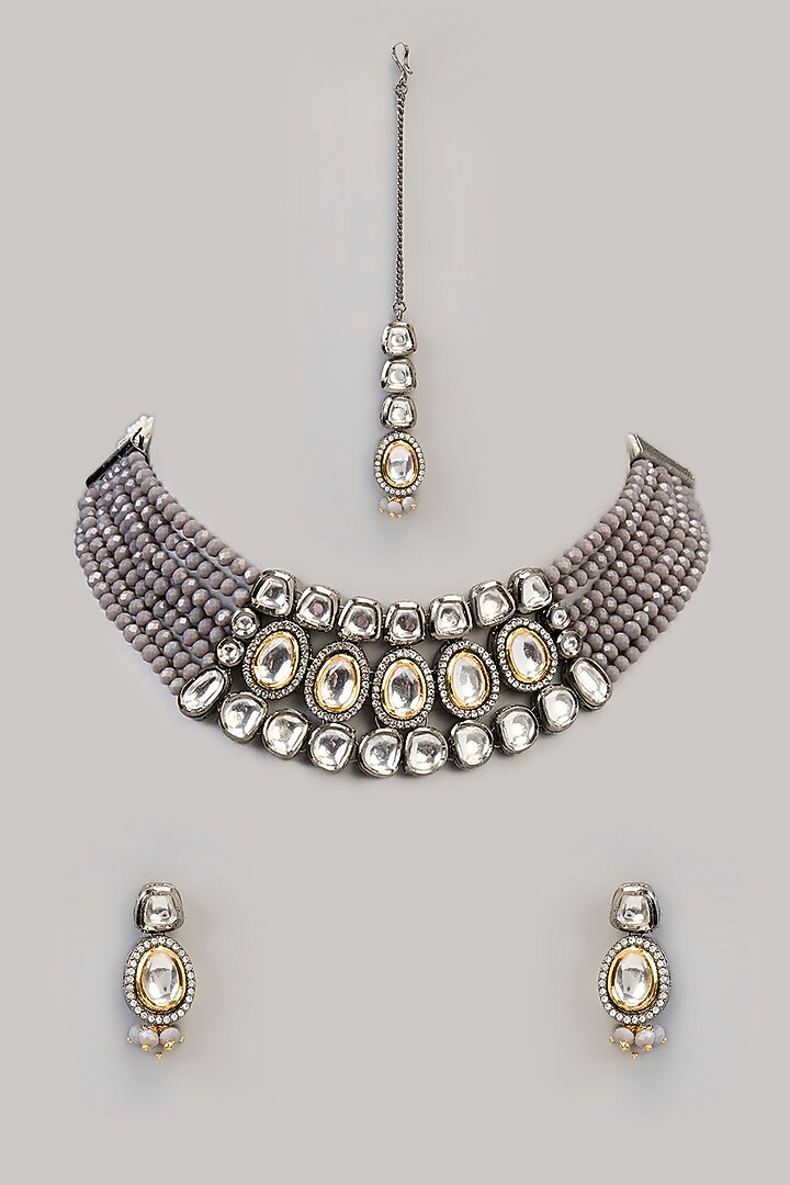 Gold Finish Kundan Polki & Grey Beaded Handcrafted Necklace Set by Aura Trends at Pernia's Pop Up Shop