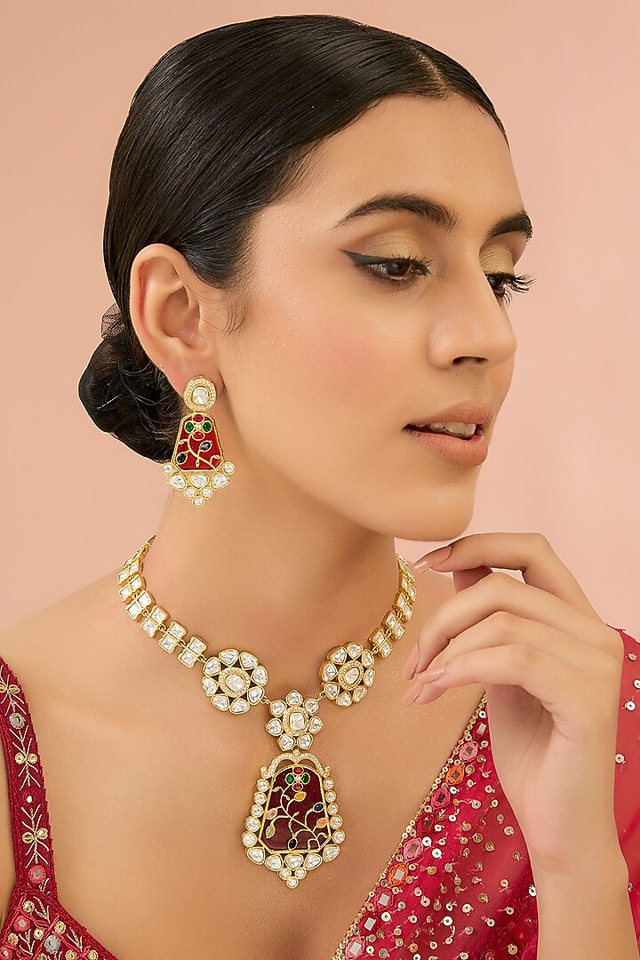 Gold Finish Kundan Polki & Red Beaded Handcrafted Necklace Set by Aura Trends at Pernia's Pop Up Shop