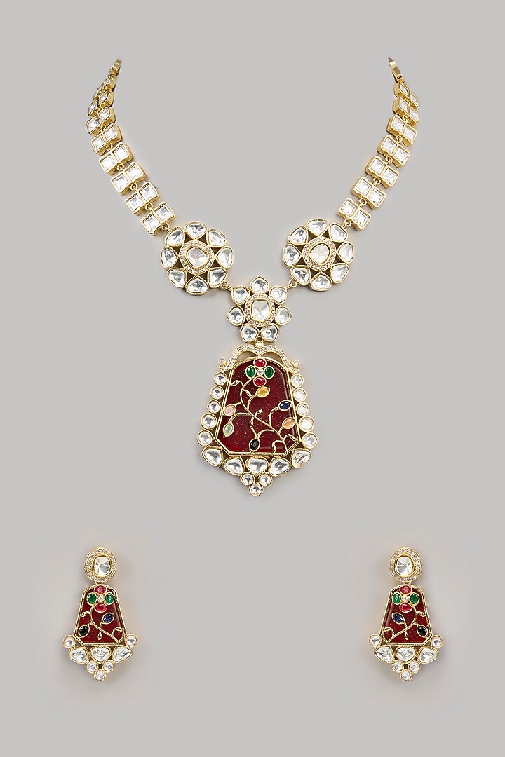 Gold Finish Kundan Polki & Red Beaded Handcrafted Necklace Set by Aura Trends at Pernia's Pop Up Shop