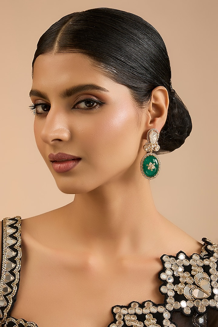 Gold Finish Kundan Polki & Green Stone Dangler Earrings by Aura Trends at Pernia's Pop Up Shop