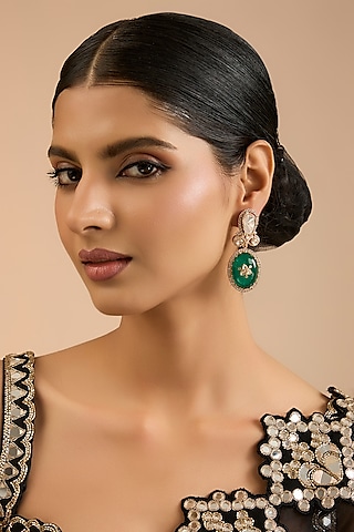Gold Finish Kundan Polki & Green Stone Dangler Earrings by Aura Trends