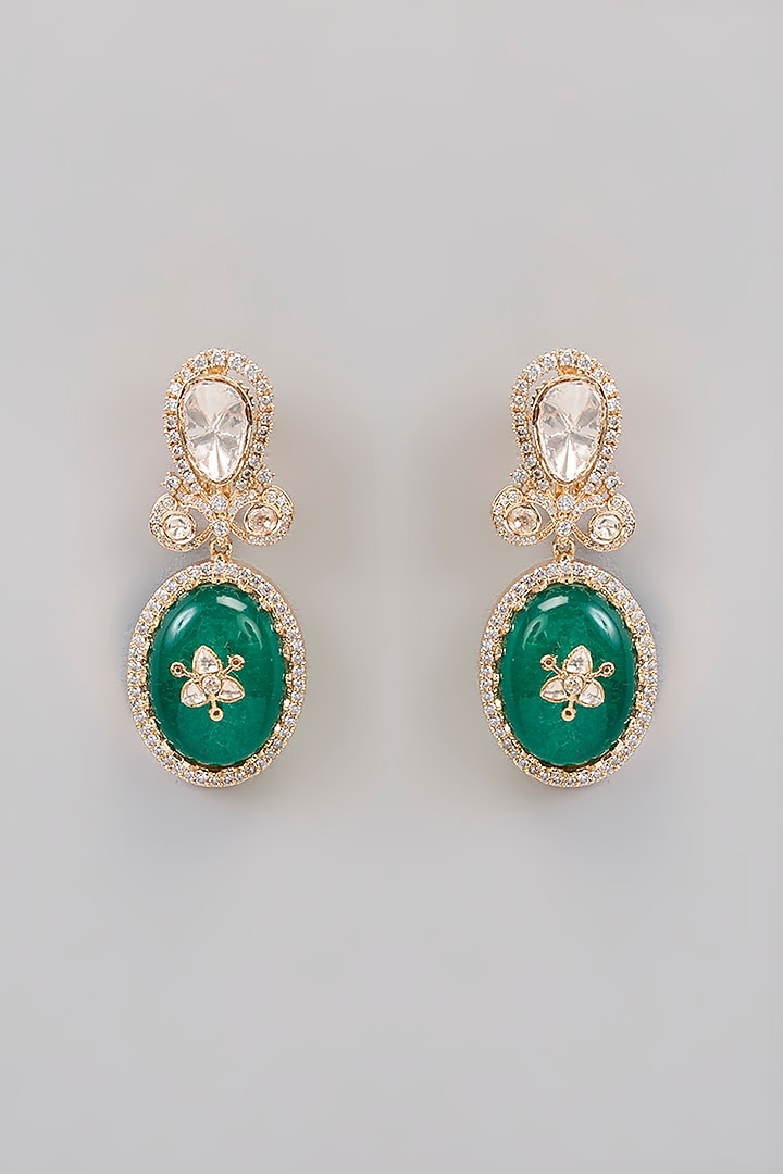 Gold Finish Kundan Polki & Green Stone Dangler Earrings by Aura Trends at Pernia's Pop Up Shop