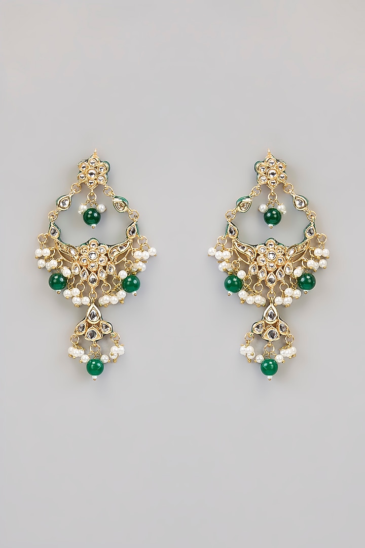Gold Finish Kundan Polki & Green Stone Chandbali Earrings by Aura Trends at Pernia's Pop Up Shop