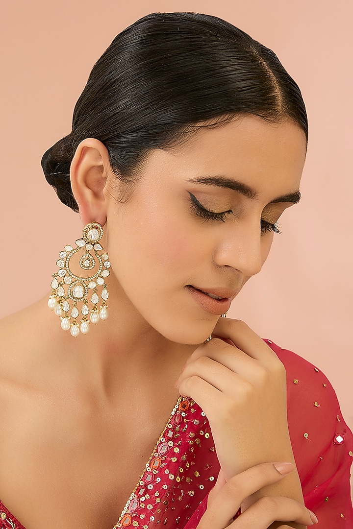 Gold Finish Kundan Polki & White Stone Chandbali Earrings by Aura Trends at Pernia's Pop Up Shop