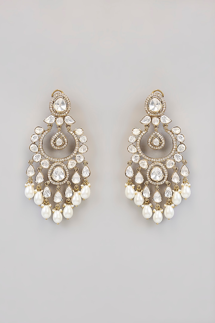 Gold Finish Kundan Polki & White Stone Chandbali Earrings by Aura Trends at Pernia's Pop Up Shop