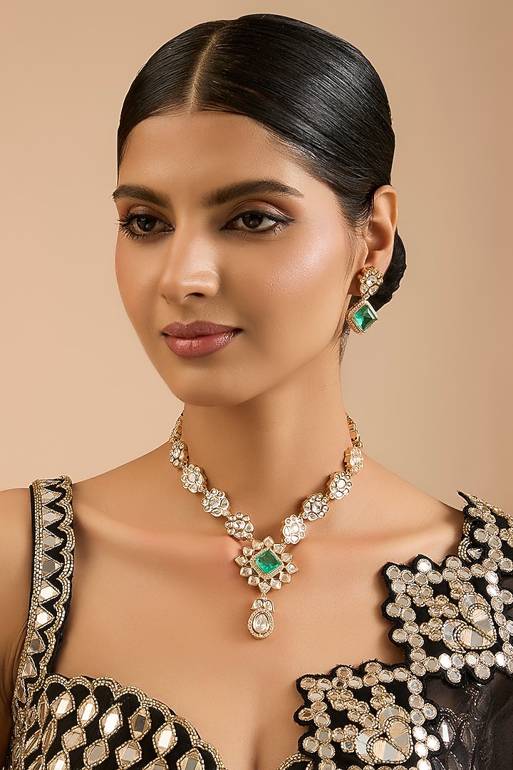 Gold Finish Kundan Polki & Green Beaded Handcrafted Necklace Set by Aura Trends at Pernia's Pop Up Shop