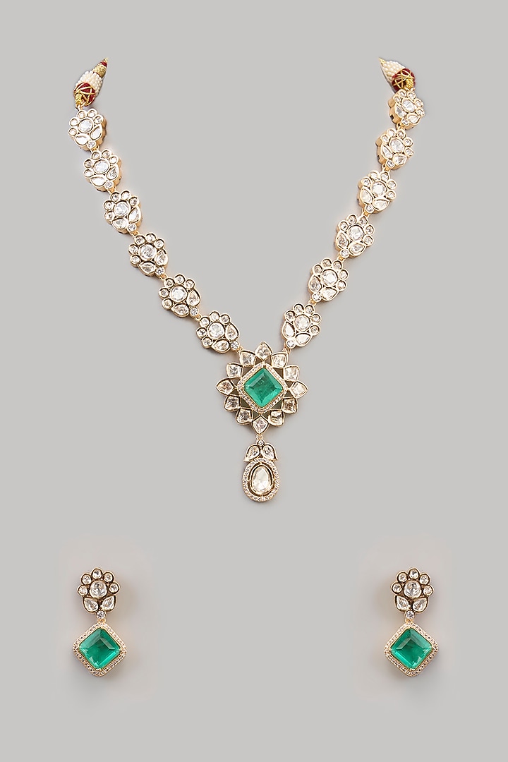 Gold Finish Kundan Polki & Green Beaded Handcrafted Necklace Set by Aura Trends at Pernia's Pop Up Shop
