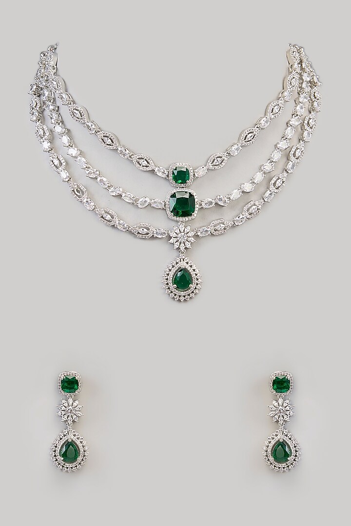 White Finish Zircon & Green Onyx Necklace Set by Aura Trends at Pernia's Pop Up Shop