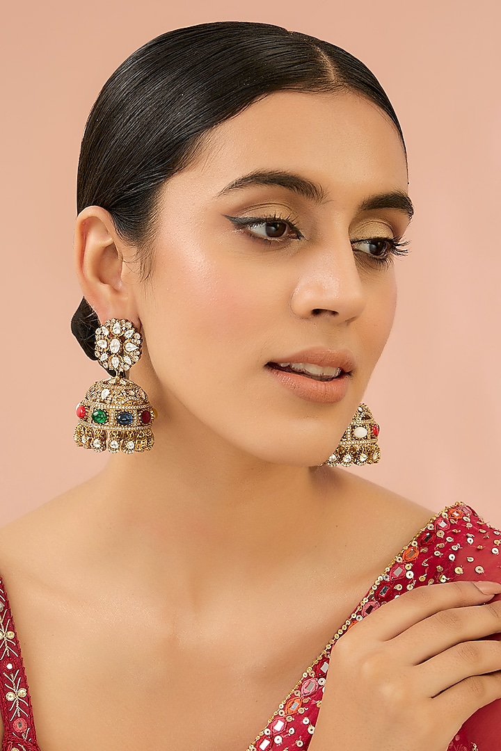 Gold Finish Kundan Polki & Navratna Stone Chandbali Earrings by Auraa Trends at Pernia's Pop Up Shop