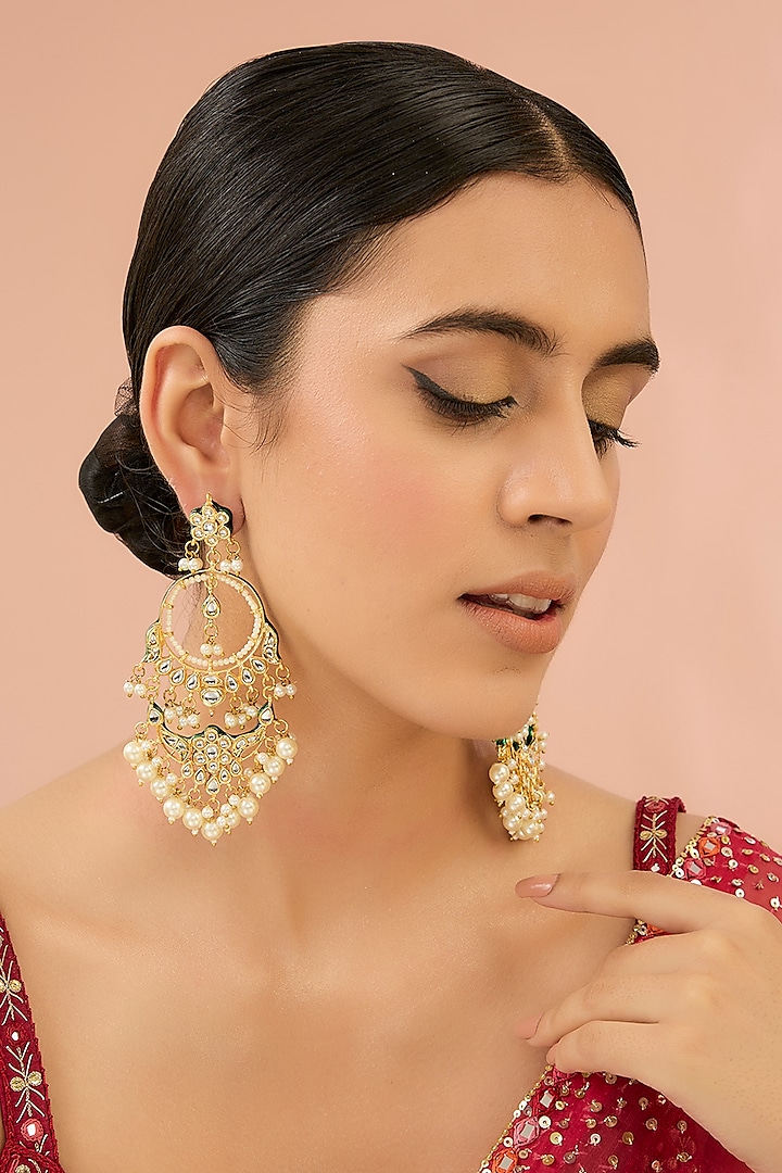 Gold Finish Kundan Polki & White Stone Chandbali Earrings by Aura Trends at Pernia's Pop Up Shop