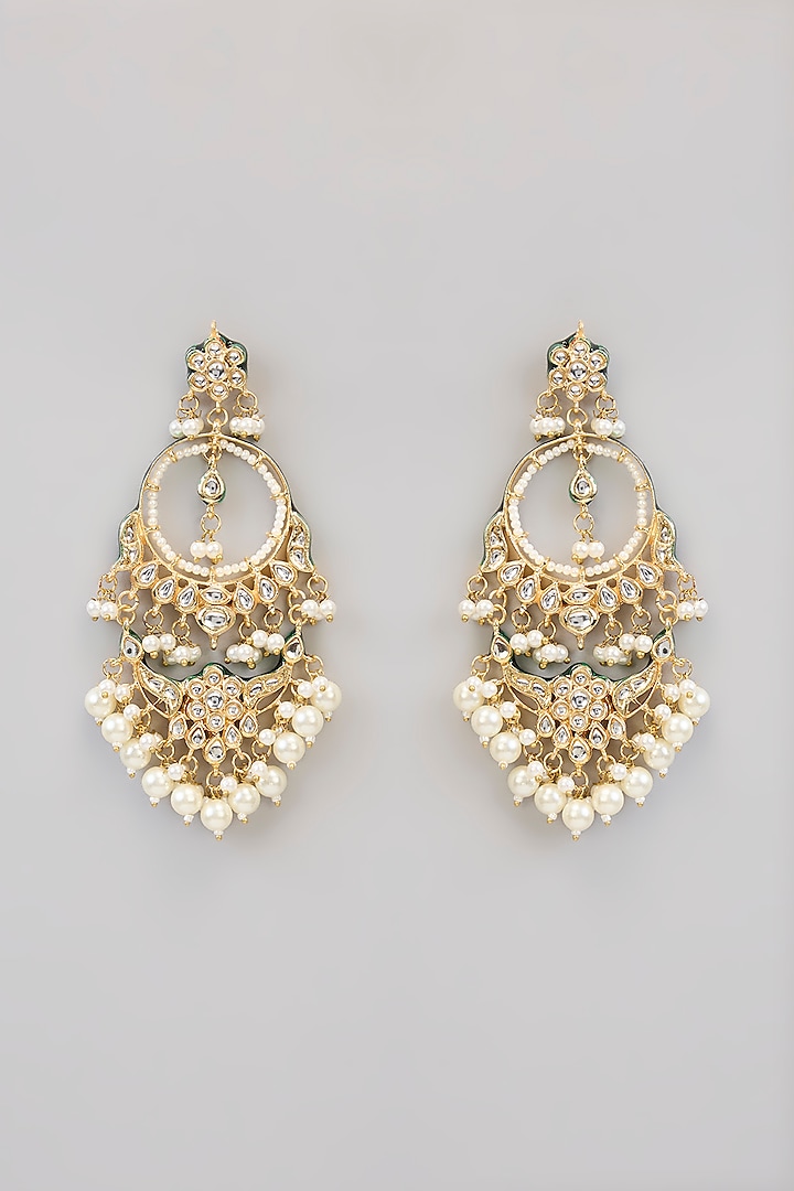 Gold Finish Kundan Polki & White Stone Chandbali Earrings by Aura Trends at Pernia's Pop Up Shop