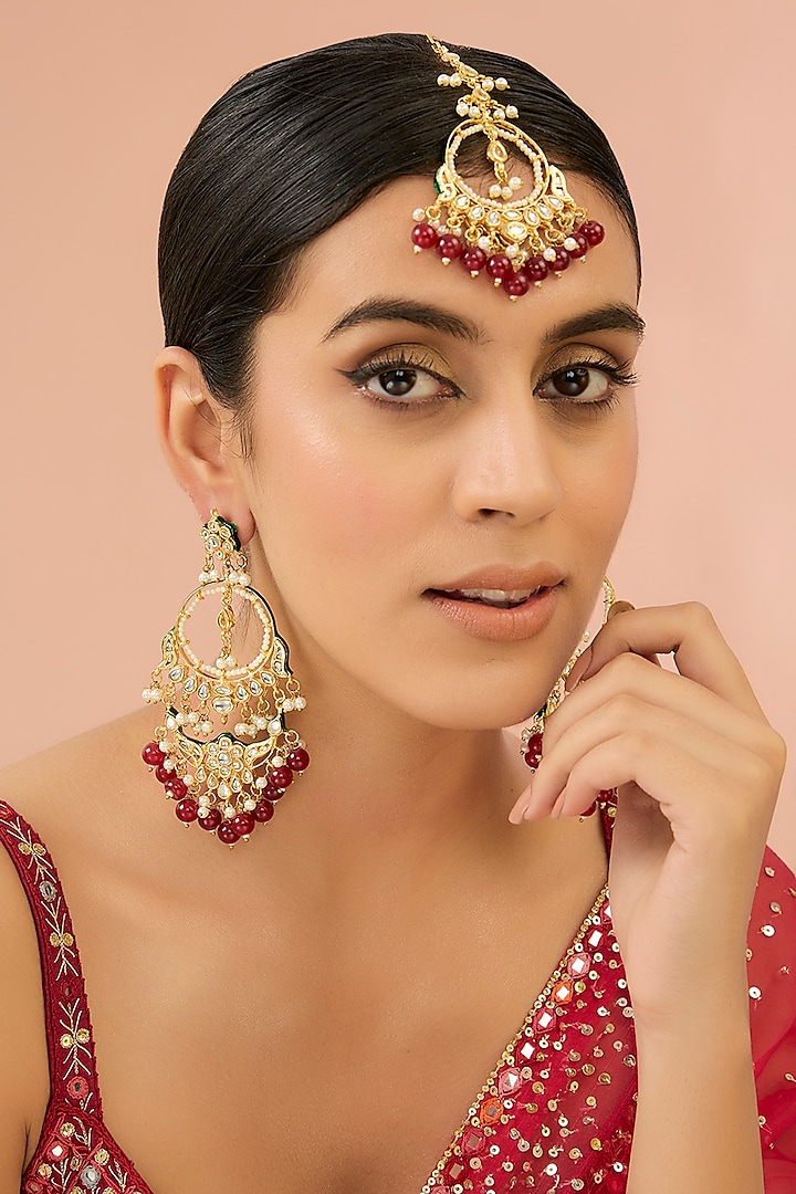 Gold Finish Kundan Polki & Green Stone Chandbali Earrings With Maangtikka by Auraa Trends at Pernia's Pop Up Shop