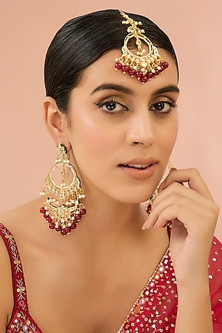 Gold Finish Kundan Polki & Green Stone Chandbali Earrings With Maangtikka by Aura Trends