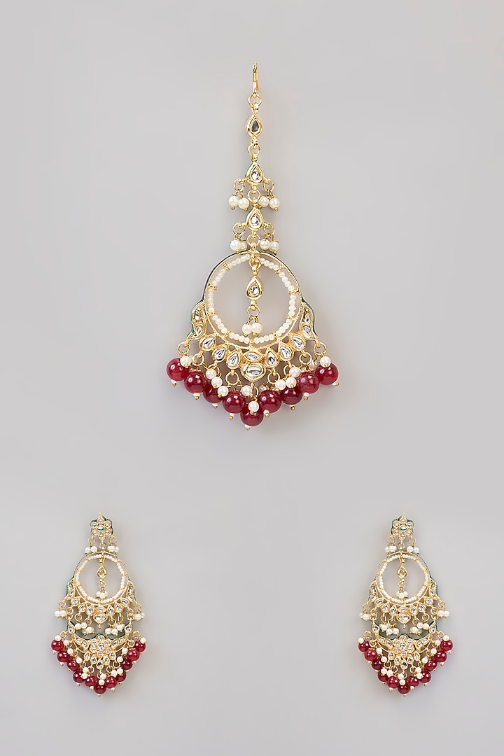 Gold Finish Kundan Polki & Green Stone Chandbali Earrings With Maangtikka by Aura Trends at Pernia's Pop Up Shop