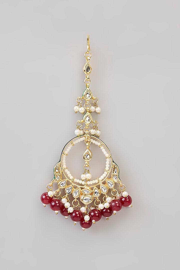 Gold Finish Kundan Polki & Green Stone Chandbali Earrings With Maangtikka by Aura Trends at Pernia's Pop Up Shop