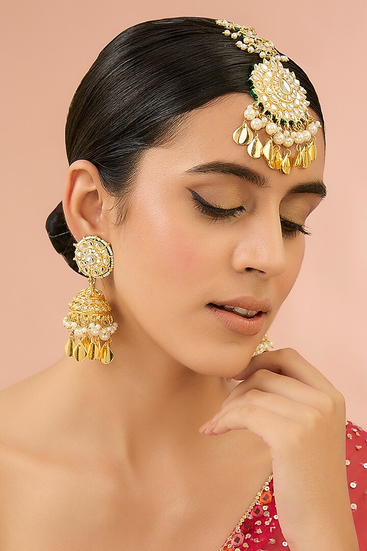 Gold Finish Kundan Polki & White Stone Dangler Earrings With Maangtikka by Aura Trends at Pernia's Pop Up Shop