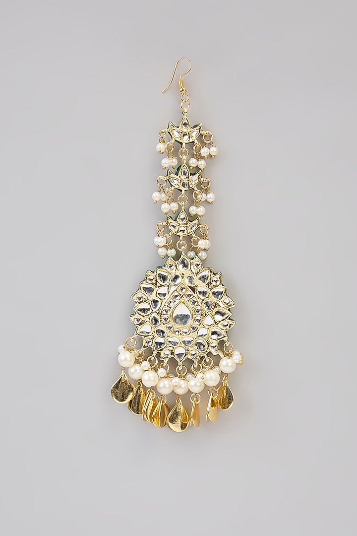 Gold Finish Kundan Polki & White Stone Dangler Earrings With Maangtikka by Aura Trends at Pernia's Pop Up Shop