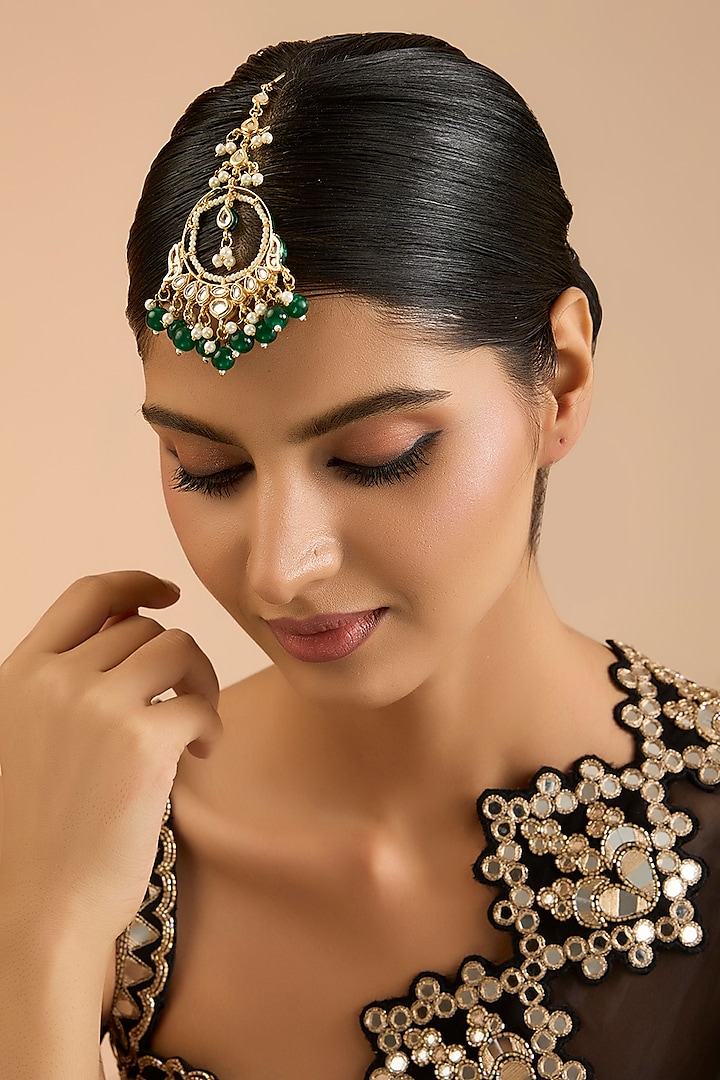 Gold Plated Kundan Polki & Green Onyx Drop Maangtikka by Auraa Trends at Pernia's Pop Up Shop