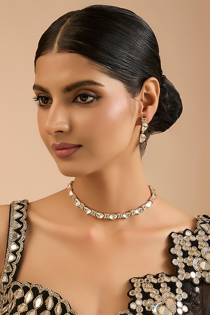 Gold Finish Kundan Polki & White Stone Necklace Set by Aura Trends at Pernia's Pop Up Shop