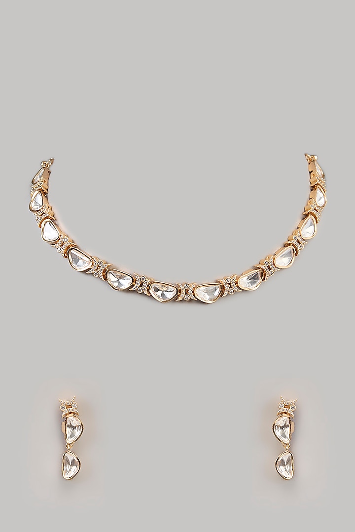 Gold Finish Kundan Polki & White Stone Necklace Set by Aura Trends at Pernia's Pop Up Shop