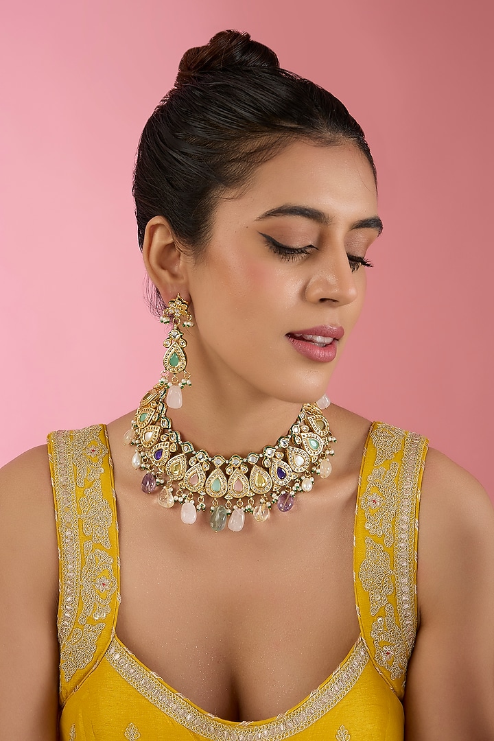 Gold Finish Kundan Polki & Beaded Necklace Set by Aura Trends at Pernia's Pop Up Shop