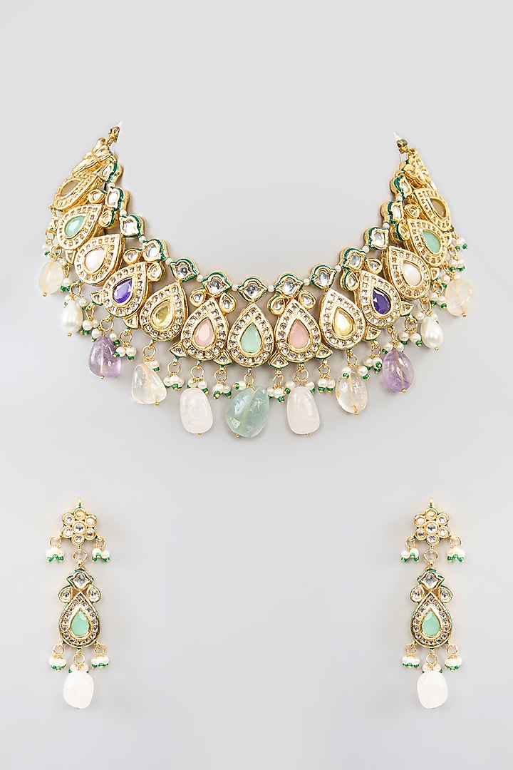 Gold Finish Kundan Polki & Beaded Necklace Set by Aura Trends at Pernia's Pop Up Shop