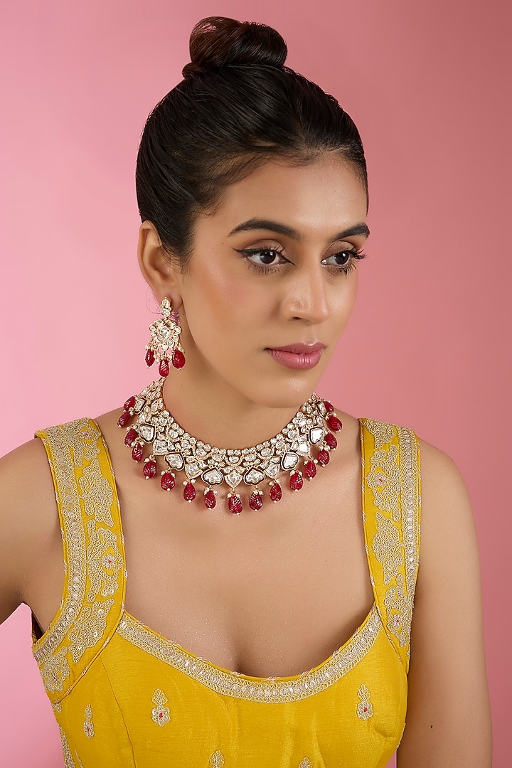 Gold Finish Kundan Polki & Red Beaded Necklace Set by Aura Trends at Pernia's Pop Up Shop