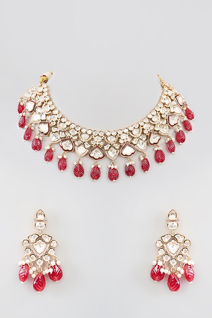Gold Finish Kundan Polki & Red Beaded Necklace Set by Aura Trends at Pernia's Pop Up Shop