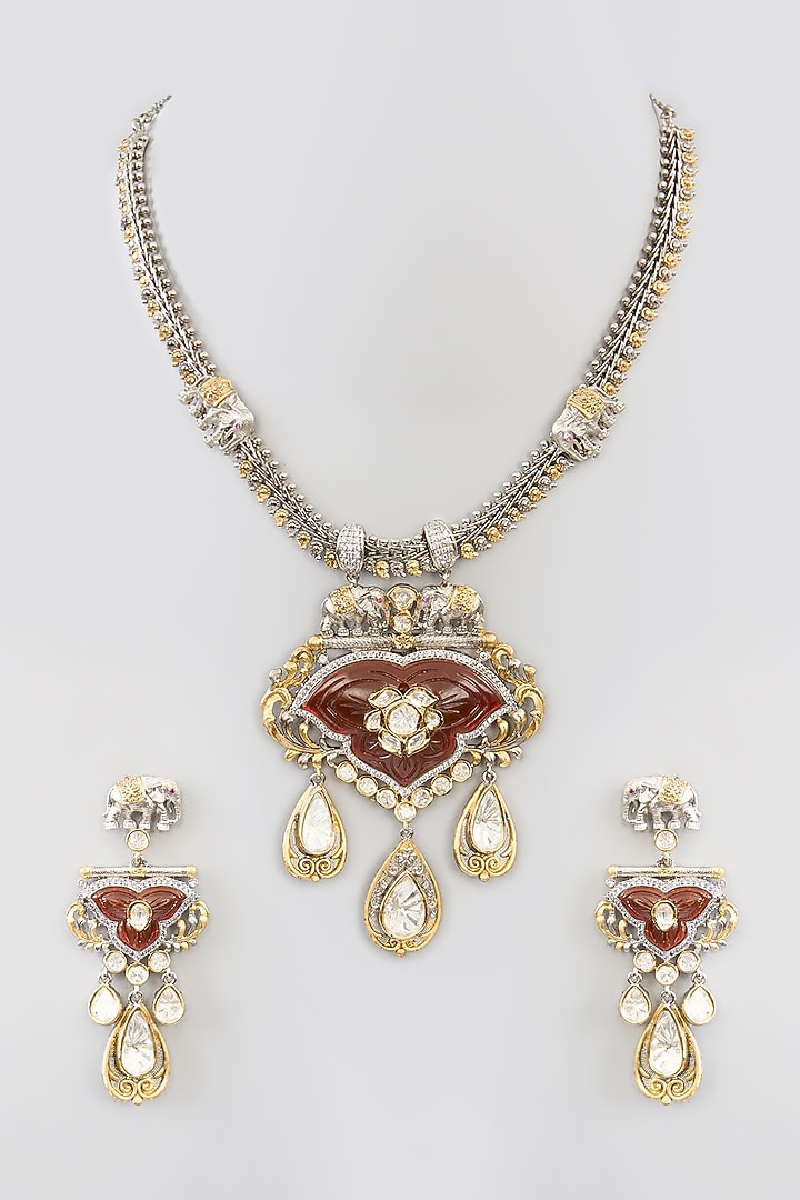 Gold Finish Kundan Polki & Beaded Necklace Set by Aura Trends at Pernia's Pop Up Shop
