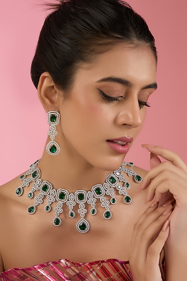 White Finish Zircon & Emerald Necklace Set by Aura Trends at Pernia's Pop Up Shop