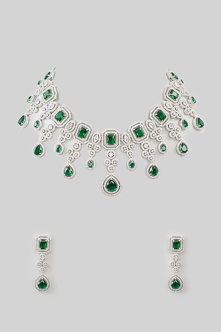 White Finish Zircon & Emerald Necklace Set by Aura Trends at Pernia's Pop Up Shop