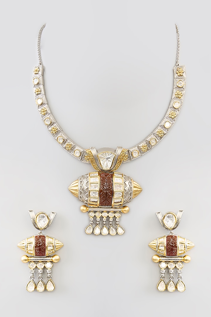 Two Tone Finish Kundan Polki & Beaded Necklace Set by Aura Trends at Pernia's Pop Up Shop