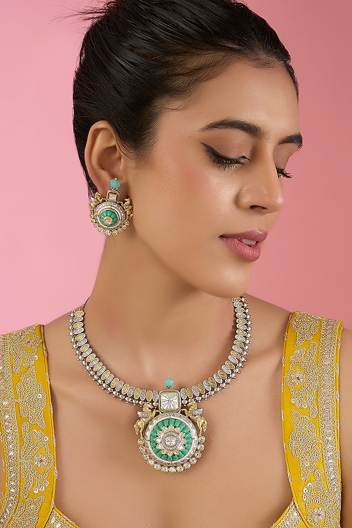Two Tone Finish Kundan Polki & Beaded Necklace Set by Aura Trends at Pernia's Pop Up Shop