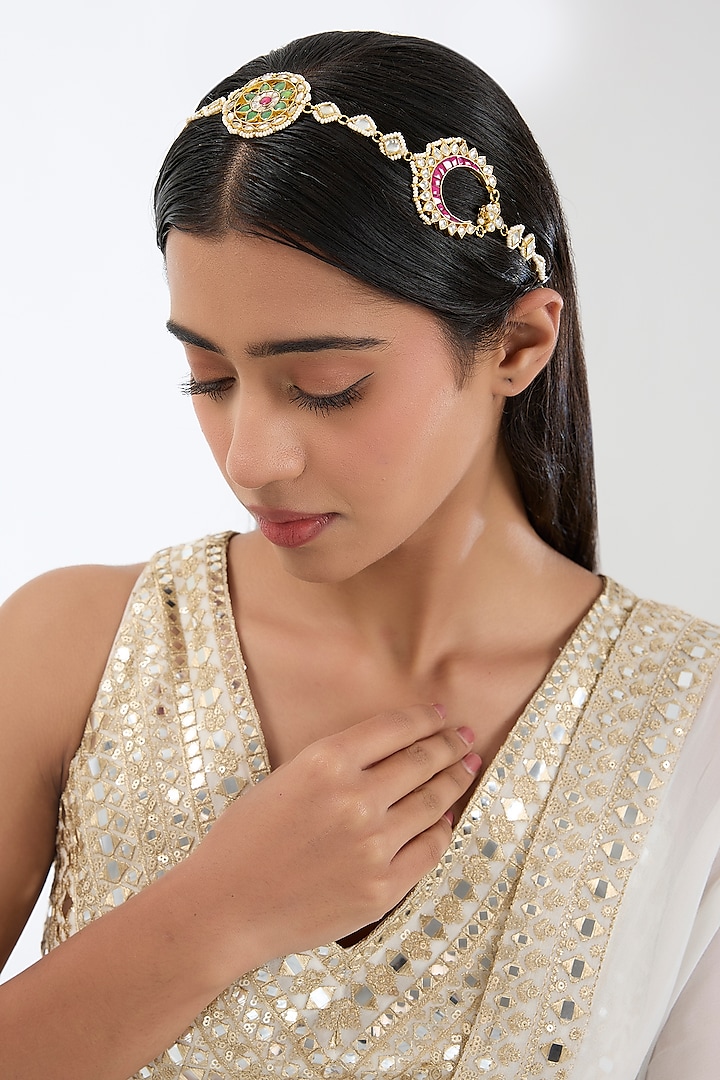 Gold Plated Kundan Polki & Green Onyx Headband by Auraa Trends at Pernia's Pop Up Shop