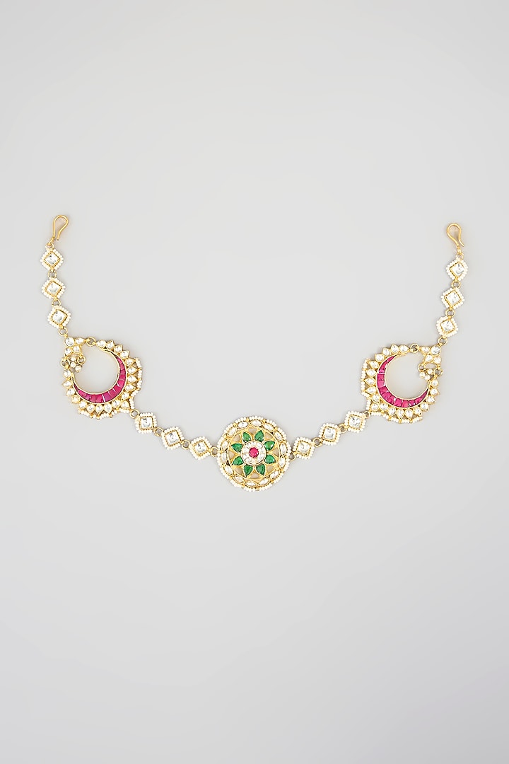 Gold Plated Kundan Polki & Green Onyx Headband by Aura Trends at Pernia's Pop Up Shop